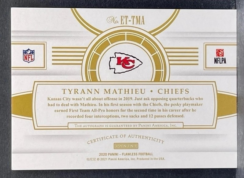 2020 Panini Flawless - Tyrann Mathieu Etched in Time Autograph Platinum AUTO 1/1 view 2