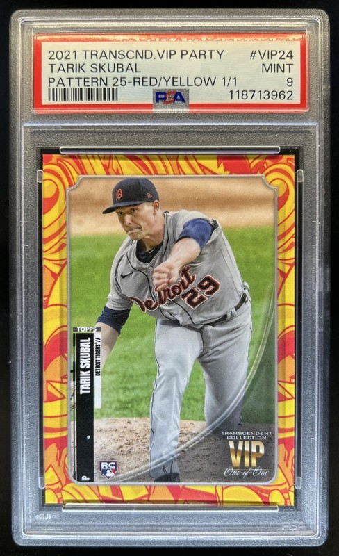2021 Topps Transcendent VIP Tarik Skubal Red Yellow Pattern 25 RC #1/1 PSA 9