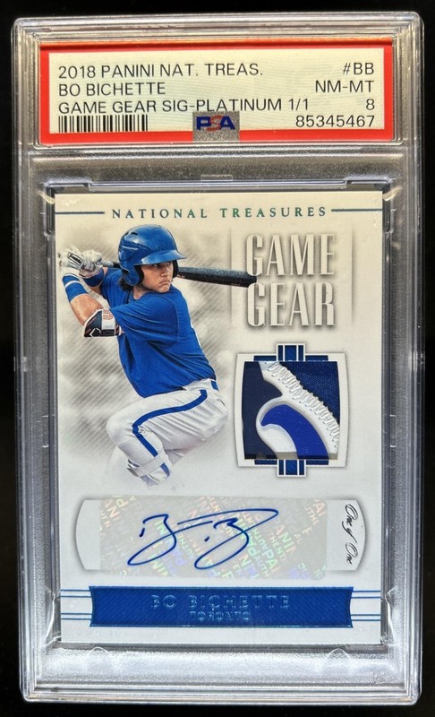 2018 National Treasures Bo Bichette Game Gear Patch Platinum Auto #1/1 PSA 8