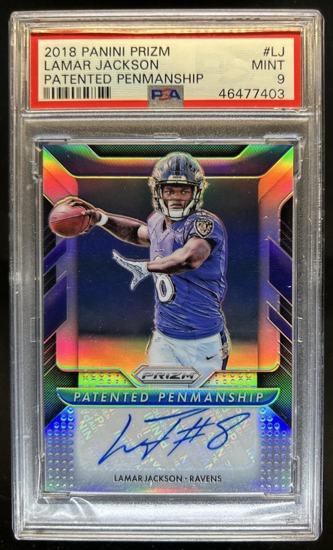 2018 Panini Prizm Lamar Jackson Patented Penmanship RC Auto #/25 Ravens PSA 9