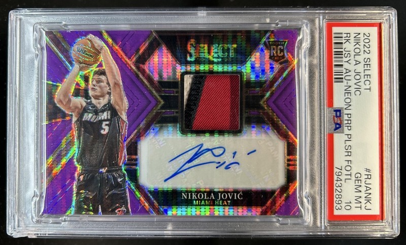 2022-23 Select Nikola Jovic Rookie Jersey Auto Purple Pulsar FOTL #/15 PSA 10