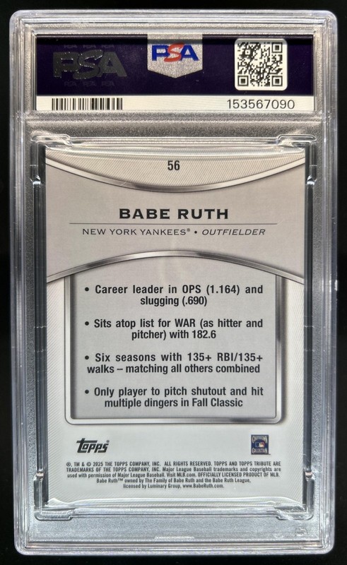 2025 Topps Tribute Babe Ruth #56 Yankees PSA 10 GEM MINT view 2