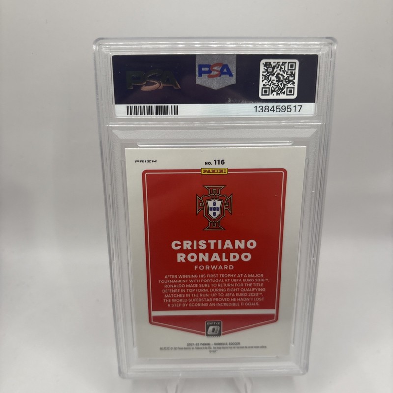 CRISTIANO RONALDO 2021/22 PANINI DONRUSS ROAD TO QATAR PRIZM OPTIC-HOLO  PSA 10 view 2