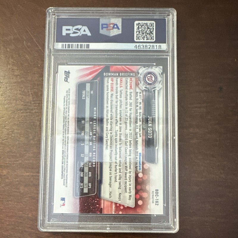 Topps 2017 Bowman Draft Juan Soto #BDC-162 Chrome Refractor RC PSA 9 Nats view 2