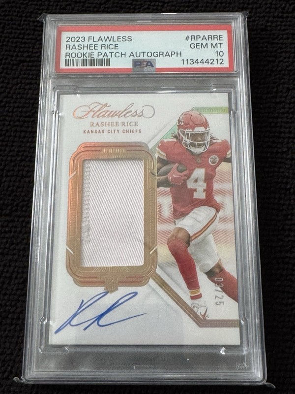 2023 Panini Flawless Rashee Rice Chiefs Rookie Patch On Card Auto PSA 10 /25