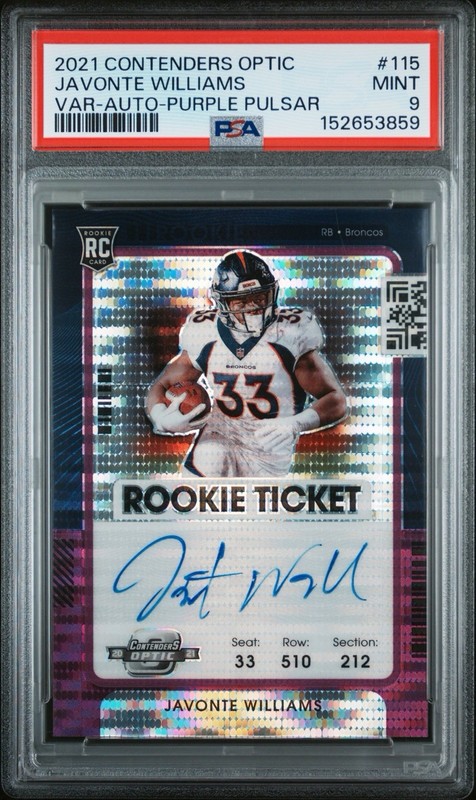 Javonte Williams 2021 Contenders Optic Purple Pulsar Auto Variation /21 PSA 9