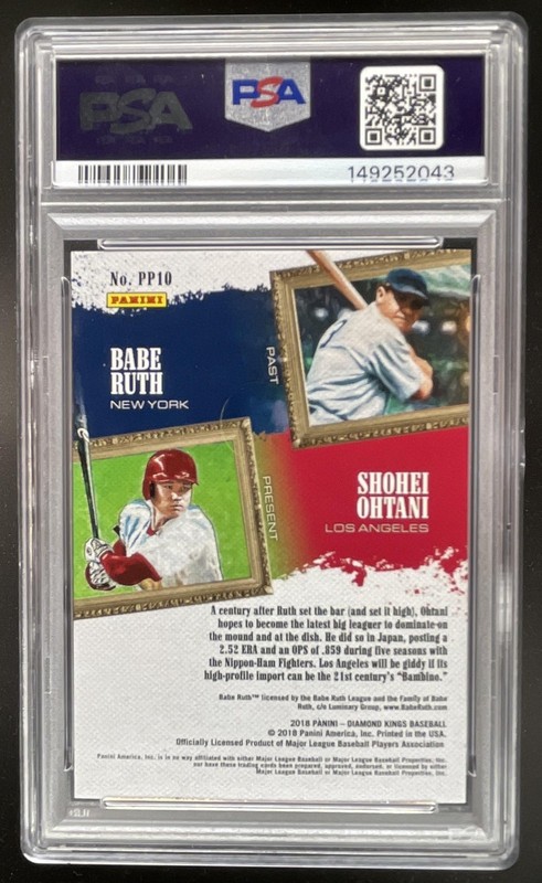 2018 Panini Diamond Kings Babe Ruth Shohei Ohtani Past and Present #PP10 PSA 9 view 2