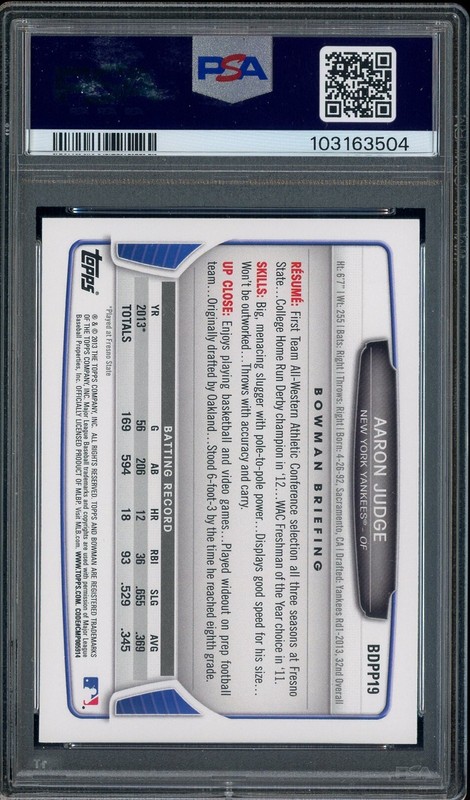Auction #4 2013 Bowman DP & Prospects Aaron Judge Yankees RC Rookie PSA 10 view 2