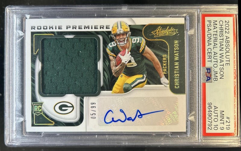 2022 Absolute Christian Watson Rookie Premiere Jumbo RC Jersey Auto #/99 PSA 9