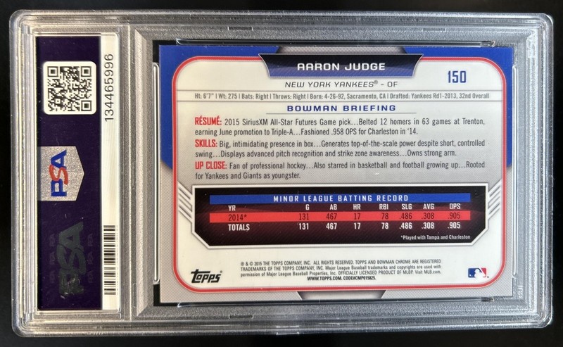 2015 Bowman Draft Aaron Judge Chrome Asia Black Refractor #150 Yankees PSA 9 view 2