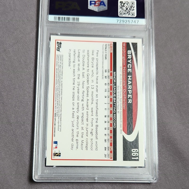 Topps 2012 Bryce Harper #661 Blue Helmet Rookie Washington Nationals PSA 9 view 2