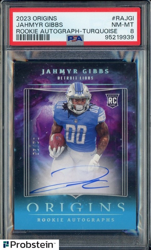 2023 Panini Origins Turquoise Jahmyr Gibbs Lions RC Rookie AUTO 2/25 PSA 8 NM-MT