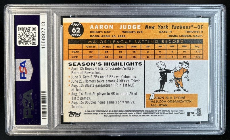 2017 Topps Archives Aaron Judge RC Rookie #62 Yankees PSA 8 view 2