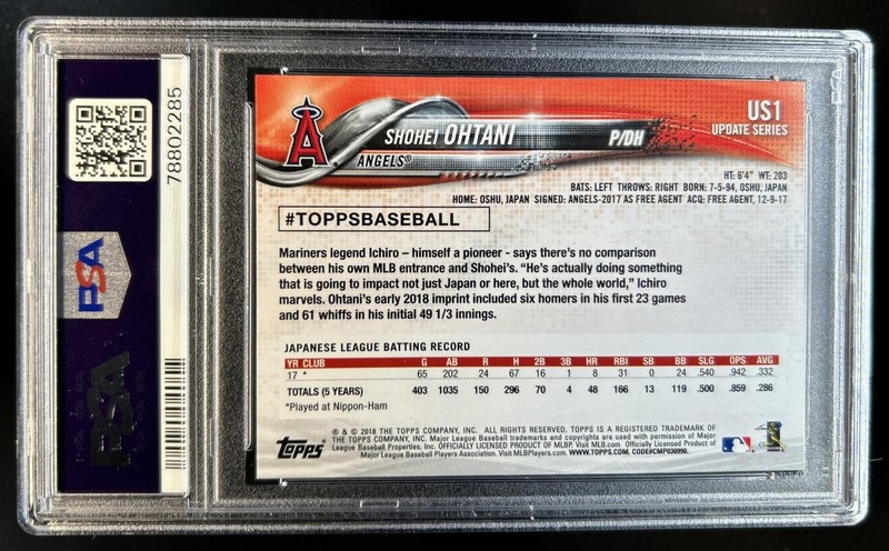 2018 Topps Update Shohei Ohtani RC Rookie #US1 Angels PSA 10 GEM MINT view 2