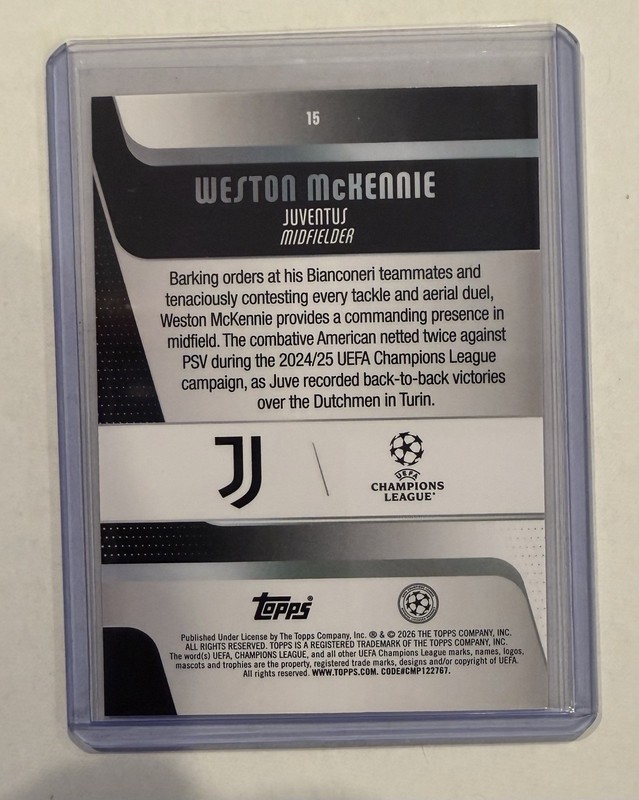 Topps UEFA Club Weston McKennie Juventus #15 /299 Serial Numbered Soccer Card view 2