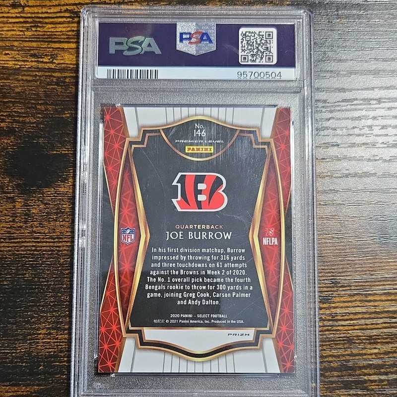 2020 Panini Select Joe Burrow Bengals Rookie Silver Prizm Premier #146 PSA 9 view 2