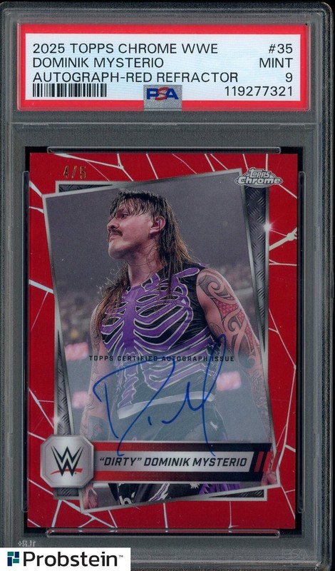 2025 Topps Chrome WWE Wrestling Red Refractor Dominik Mysterio AUTO 4/5 PSA 9