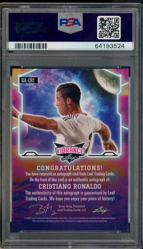 2022 Leaf Vibrance Soccer Purple Crystals #CR1 Cristiano Ronaldo AUTO 1/1 PSA 9 view 2