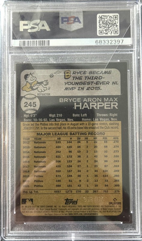 2022 Topps Heritage - Bryce Harper #245 Chrome Refractor /673 (PSA 9) view 2
