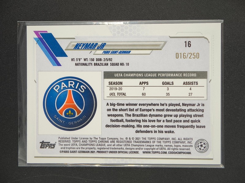 Neymar Jr 2020-21 Topps Chrome UEFA Purple Mini-Diamond 016/250 [3hk view 2