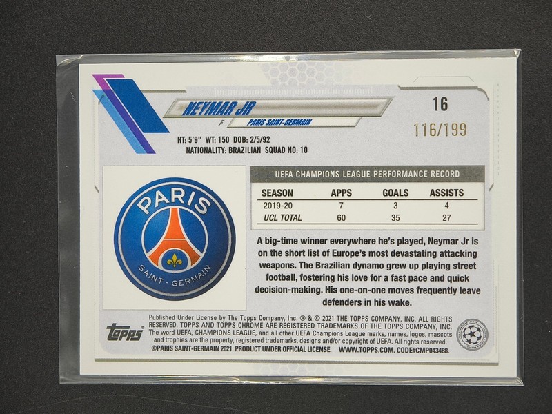 Neymar Jr 2020-21 Topps Chrome UEFA Champions League Aqua Wave 116/199 [3hk view 2