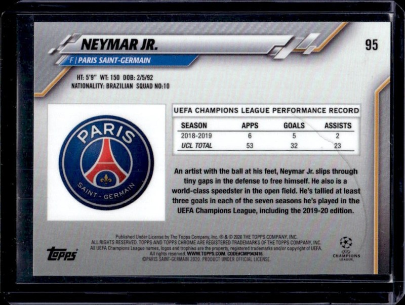 2019 Topps Chrome Sapphire UEFA Neymar Jr. #95 PSG view 2