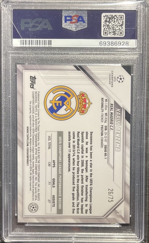Karim Benzema 2021-22 Topps Chrome Sapphire UCL GREEN /75 Real Madrid - PSA 9 view 2
