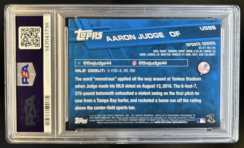 2017 Topps Update Aaron Judge RC Rookie #US99 Yankees PSA 10 GEM MINT view 2