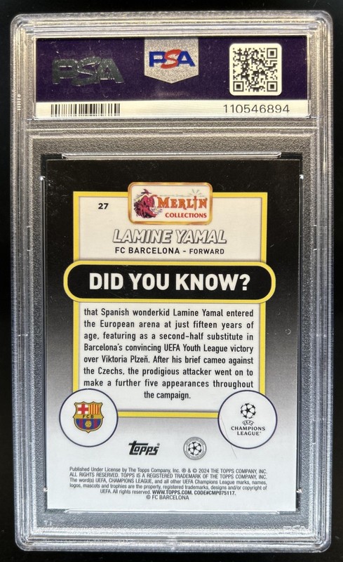 2023-24 Topps Chrome Merlin UEFA Lamine Yamal RC Rookie #27 Barcelona PSA 9 view 2