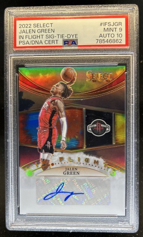 2022-23 Panini Select Jalen Green In Flight Signatures Tie Dye Auto #/25 PSA 9
