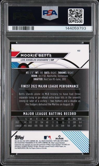 2023 Topps Finest #62 Mookie Betts Green Sparkle Refractor /125 PSA 10 view 2