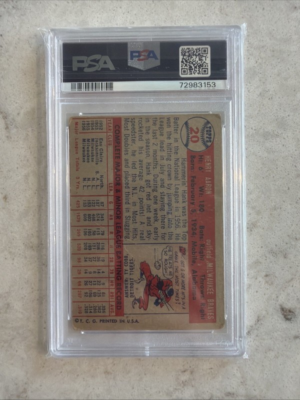 1957 Topps Hank Aaron #20 PSA 1 (MC) view 2