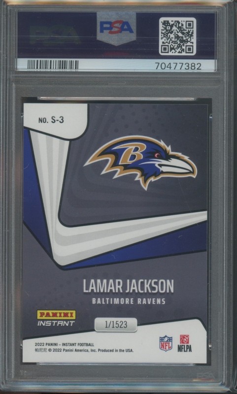 2022 Panini Instant Football Lamar Jackson #S-3 Supernova /1523 PSA 10 view 2