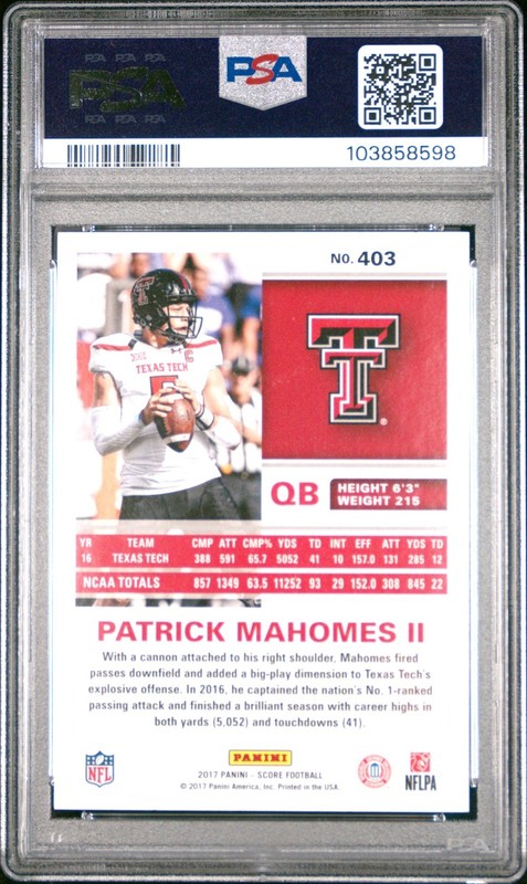 2017 Panini Score Football Patrick Mahomes II #403 Rookie RC PSA 8 view 2