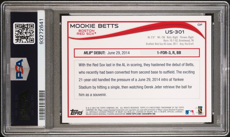 2014 Topps Update Baseball Mookie Betts #US-301 RC Rookie PSA 10 view 2
