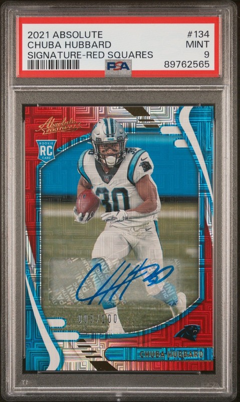2021 Absolute Football Chuba Hubbard Rookie RC Red Squares Auto /100 PSA 9