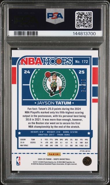 2024 PANINI NBA HOOPS 172 JAYSON TATUM PREMIUM PRIZMS WINTER BLIZZARD /88 PSA 10 view 2