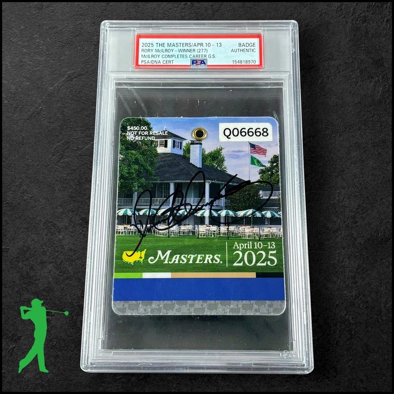 RORY MCILROY AUTOGRAPHED 2025 MASTERS TOURNAMENT GRAND SLAM BADGE PSA/DNA view 2
