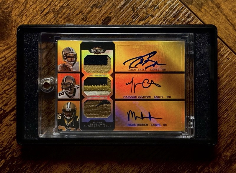 GRAIL : DREW BREES MARQUES COLSTON MARK INGRAM GAME-USED TRIPLE PATCH AUTO 1/1