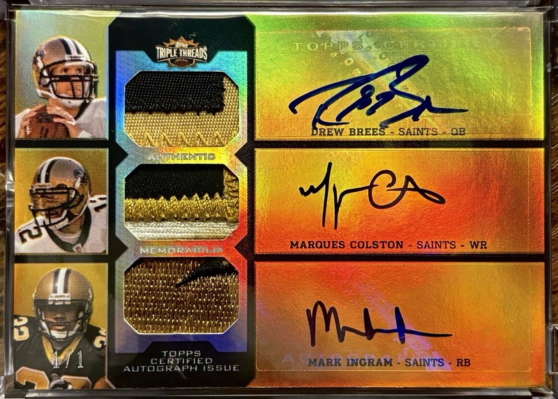 GRAIL : DREW BREES MARQUES COLSTON MARK INGRAM GAME-USED TRIPLE PATCH AUTO 1/1 view 2
