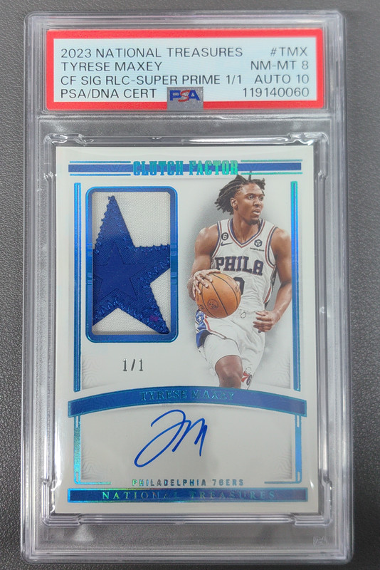 2023-24 National Treasures Tyrese Maxey Clutch Factor Patch Auto 1/1 PSA 8/10