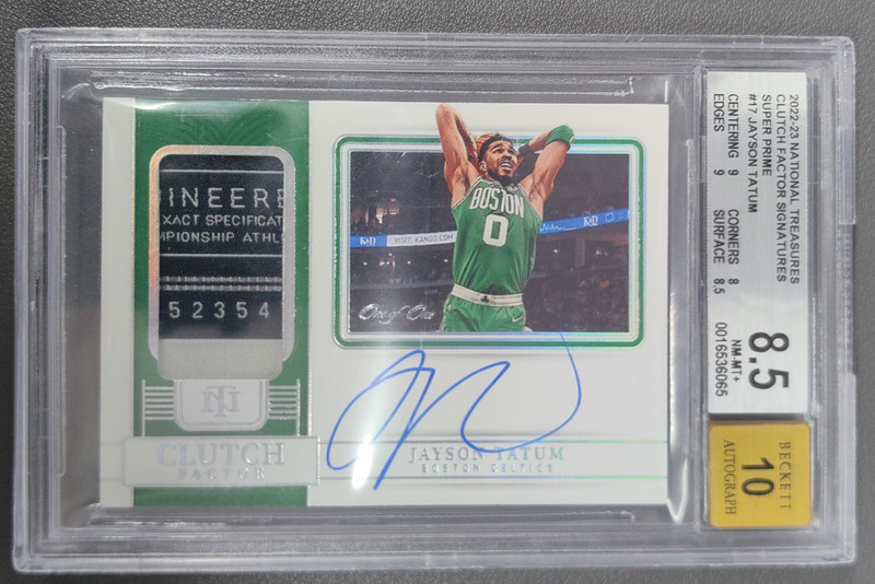 2022 National Treasures Jayson Tatum Clutch Factor Auto Patch Tag 1/1 BGS 8.5/10