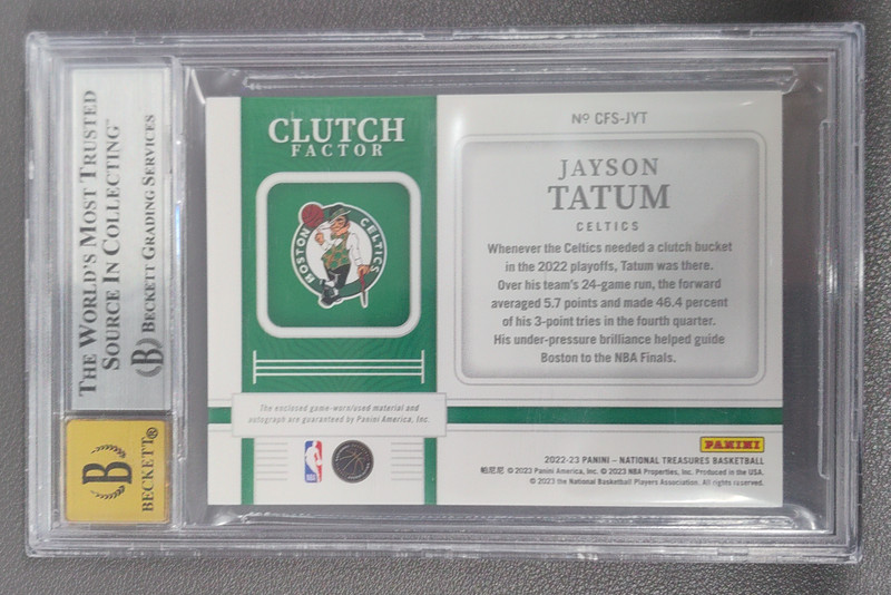 2022 National Treasures Jayson Tatum Clutch Factor Auto Patch Tag 1/1 BGS 8.5/10 view 2