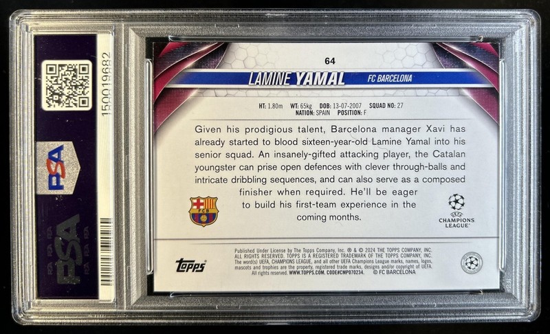 2023-24 Topps UEFA Lamine Yamal RC Rookie #64 Barcelona PSA 9 view 2