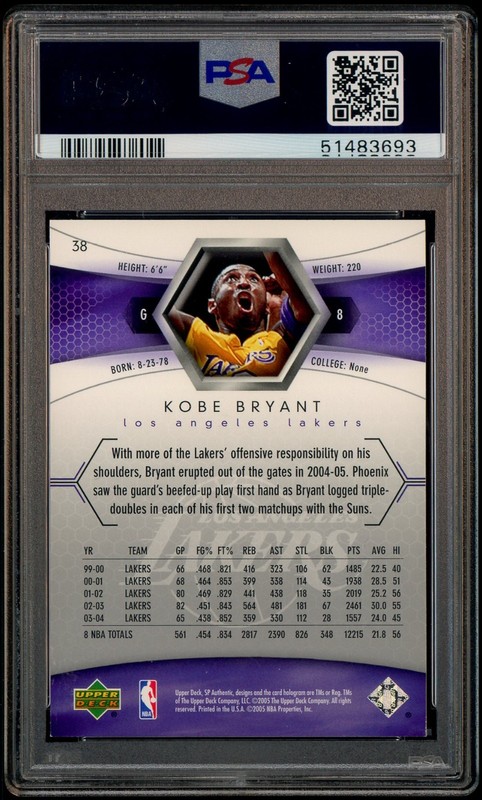 2004 SP Authentic #38 Kobe Bryant Los Angeles Lakers HOF PSA 10 GEM MINT view 2