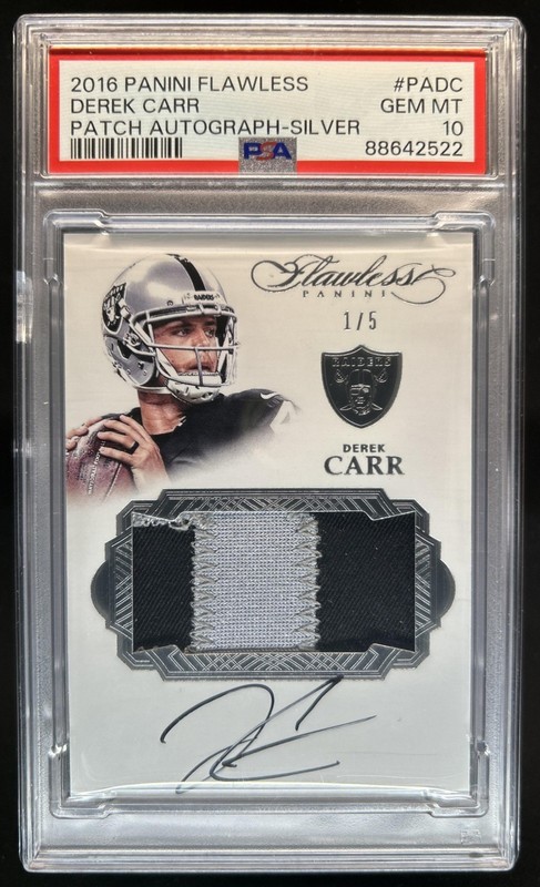 2016 Panini Flawless Derek Carr Patch Auto Silver #/5 Raiders PSA 10 GEM MINT