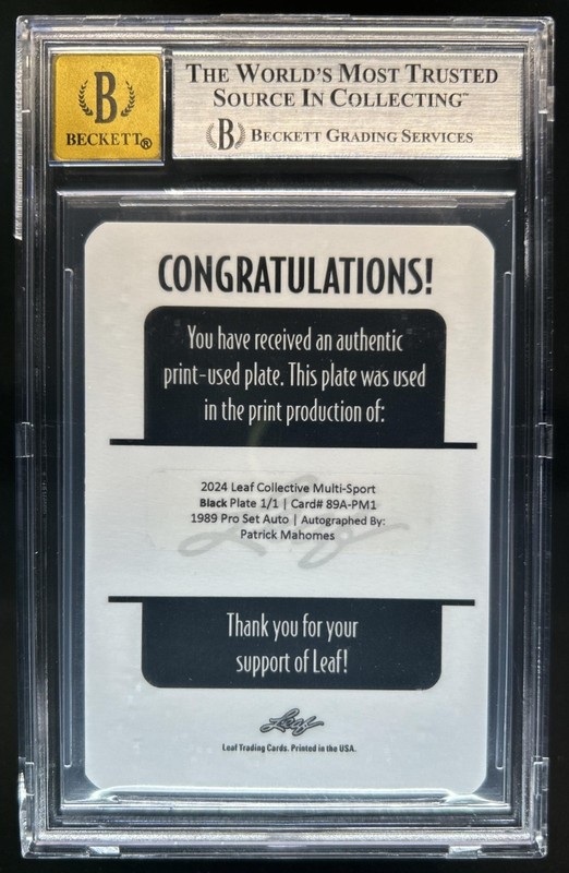 2024 Leaf Collective Patrick Mahomes Printing Plate 1989 Pro Auto #1/1 BGS 9/10 view 2