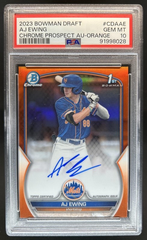 2023 Bowman Draft AJ Ewing Chrome Auto Orange Refractor 1st #/25 Mets PSA 10