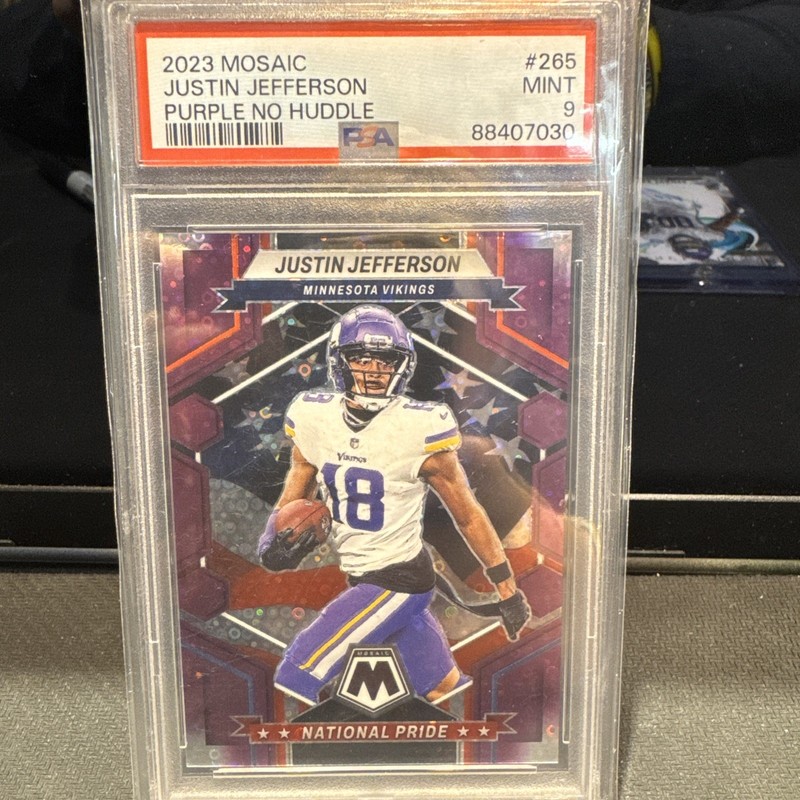 Justin Jefferson 2023 Panini Mosaic National Pride No Huddle Purple /50 PSA 9