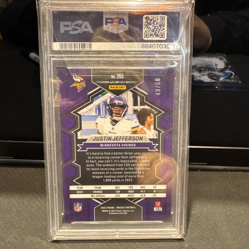Justin Jefferson 2023 Panini Mosaic National Pride No Huddle Purple /50 PSA 9 view 2